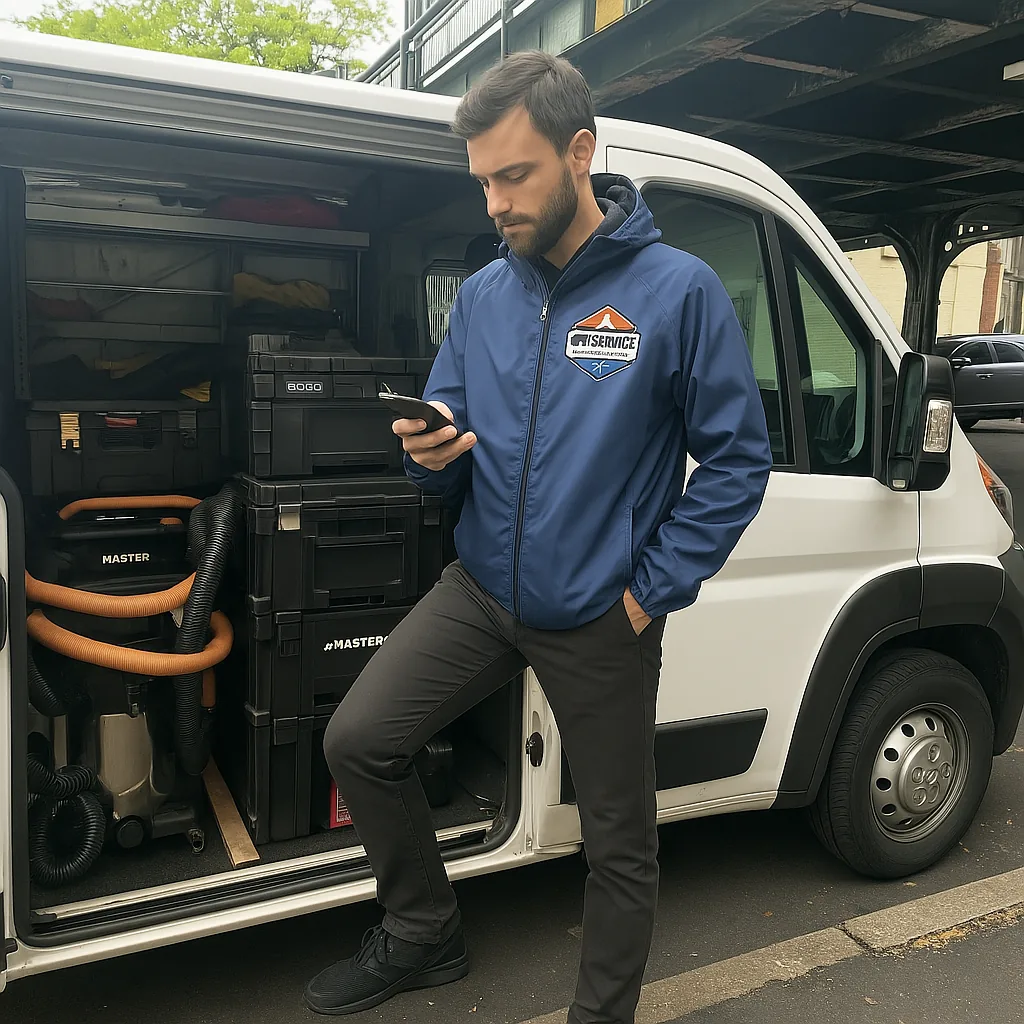 Mr Service technician standing beside a stocked service van