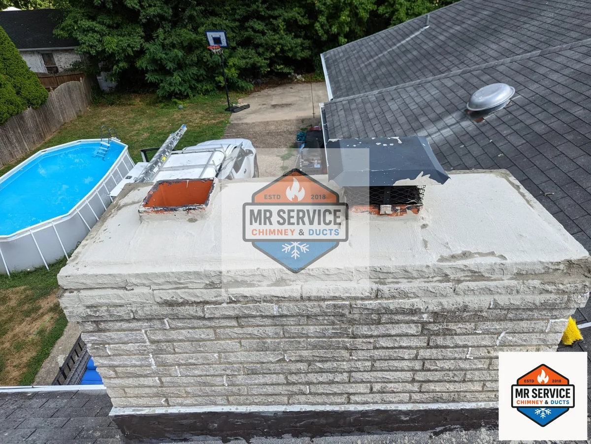 Residential chimney crown and cap work viewed from the roof
