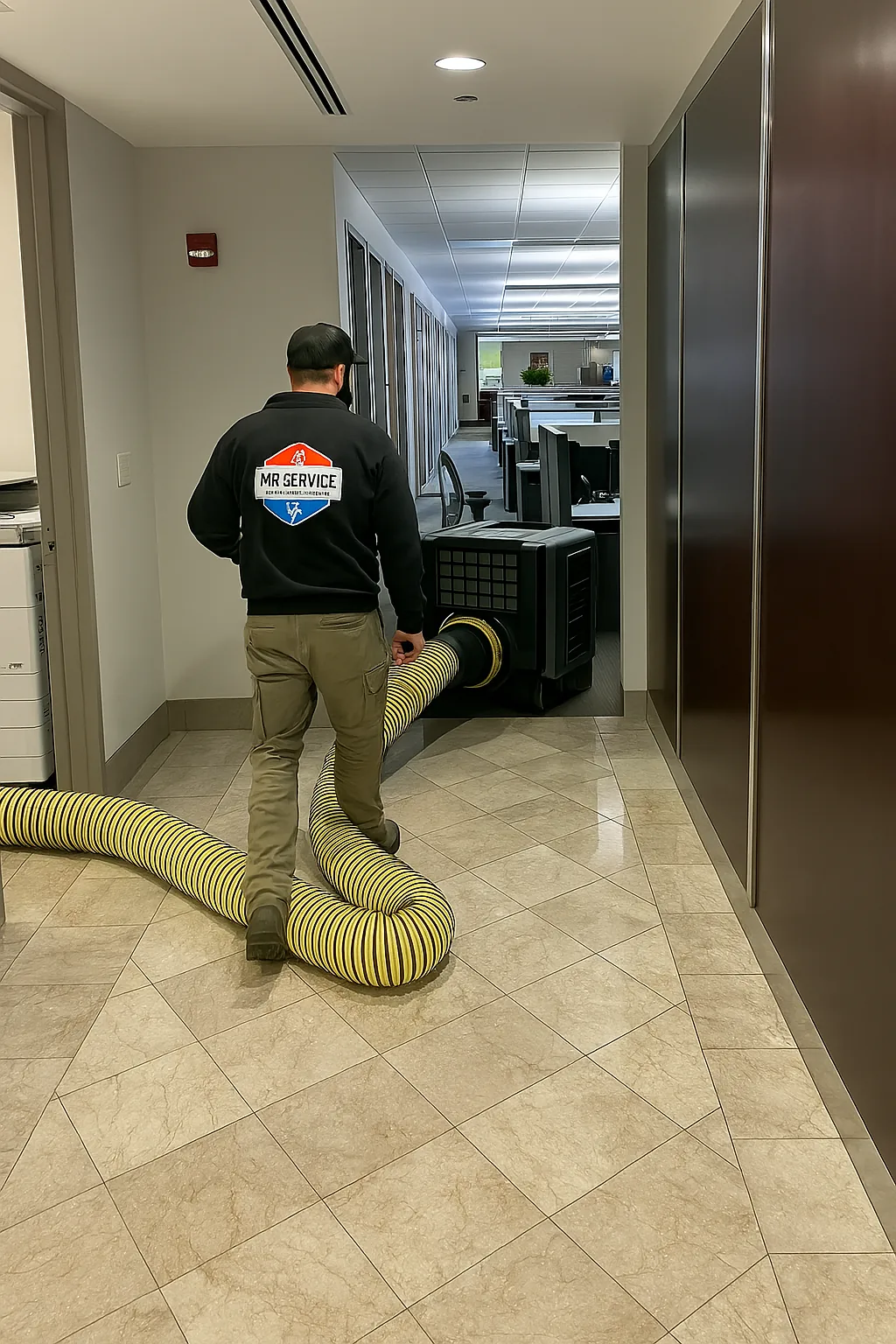 Mr Service technician walking duct cleaning equipment through a commercial hallway