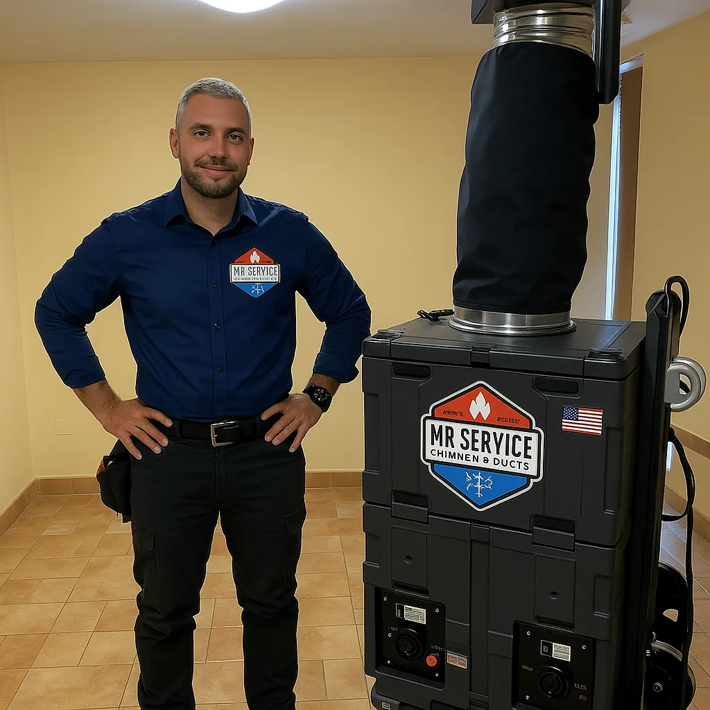 Mr Service technician standing beside fireplace service equipment