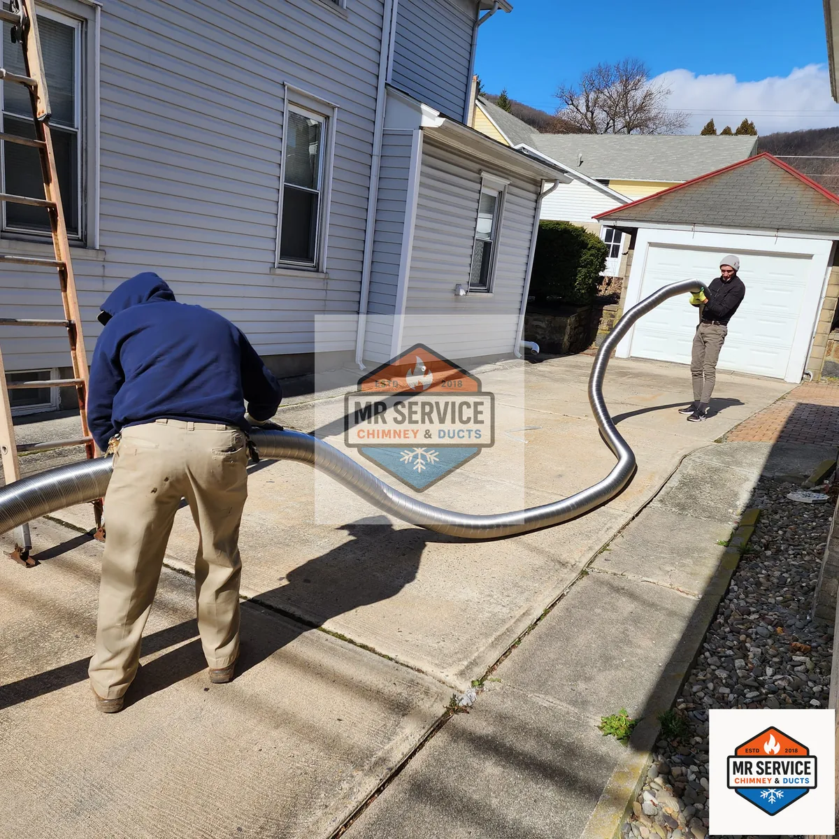 Outdoor liner and venting equipment staged for residential chimney work